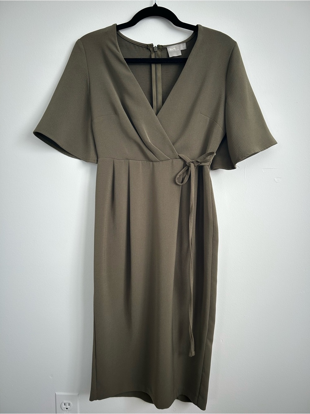 ASOS Olive Green Wrap Midi Dress with Tie Waist